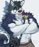 anthro armpit_hair bandage bandage_on_face bandage_on_nose belly blep blue_body blue_fur body_hair camera clothed clothing eyewear flag flag_(object) fluffy fur glasses grey_body grey_fur holding_flag holding_object lgbt_pride male pride_color_flag pride_colors progress_pride_colors progress_pride_flag progressive_pride_flag rainbow_pride_colors simple_background solo tongue tongue_out white_body white_fur overcyan colby_(husky) canid canine canis domestic_dog husky mammal nordic_sled_dog spitz 5:6 absurd_res hi_res