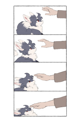 ambiguous_gender annoyed brown_clothing brown_shirt brown_topwear chest_tuft clothing dipstick_ears disembodied_hand duo ear_markings ears_back feral fur grey_body grey_fur half-closed_eyes head_tuft kemono looking_at_another multicolored_ears narrowed_eyes nope pivoted_ears red_eyes shirt simple_background tail topwear tuft white_background ingi ingi_(character) canid canine fox human mammal 2026 absurd_res comic hi_res