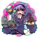 :3 abstract_background accessory ahoge ambiguous_gender black_body black_fur blue_fire body_zipper brown_eyes clothing colored_fire dress fangs female fire fur glowing glowing_eyes group hair headband holding_object holding_pokeball human_focus legwear not_furry_focus pokeball purple_hair red_eyes simple_background sitting smile standard_pokeball teeth thigh_highs yellow_eyes young zipper zipper_mouth xx56su_x nintendo pokemon hex_maniac banette drifloon generation_3_pokemon generation_4_pokemon generation_5_pokemon generation_6_pokemon ghost goo_creature human litwick mammal pokemon_(species) pumpkaboo spirit