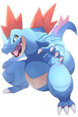 3_toes 5_fingers ambiguous_anthro ambiguous_gender anthro biped blue_body blue_scales blue_tail claws feet finger_claws fingers head_crest light long_tail male male_anthro open_mouth pink_tongue pupils red_crest scales sharp_teeth simple_background snout solo standing tail tailbutt tan_body tan_scales tapering_tail teeth thick_tail toe_claws toes tongue white_background white_claws wide_crotch yellow_eyes rumine nintendo pokemon crocodilian feraligatr generation_2_pokemon pokemon_(species) reptile scalie 2025 2:3 hi_res lighting shaded