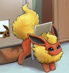 ambiguous_gender black_nose door doormat duo eyebrows feral fur pet_door shadow solo_focus otakuap nintendo pokemon eevee eeveelution flareon generation_1_pokemon pokemon_(species) 2024 digital_media_(artwork) hi_res