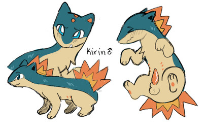 >_< animal_genitalia blue_eyes erection eyes_closed feral fire fur genitals lying male multi_nipple nipples on_back penis presenting presenting_penis sheath side_view solo standing tan_underbelly teal_body teal_fur text binkybnuuy nintendo pokemon fan_character kirin_(binkybnuuy) generation_2_pokemon pokemon_(species) quilava hi_res model_sheet