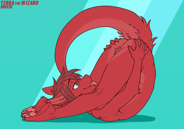 4_toes 5_fingers anthro anus ass_up barely_visible_anus biped blep blue_background butt butt_grab claws countershade_butt countershade_ears countershade_fur countershade_legs countershade_neck countershade_tail countershade_thighs countershade_torso countershading eyebrows eyelashes facial_tuft feet feet_together female finger_claws fingers flesh_fang flexible fur genitals green_eyes hair hand_on_butt hand_on_own_butt head_between_legs inner_ear_fluff looking_at_self lying mouth_closed multicolored_body multicolored_fur narrowed_eyes nude on_back pawpads paws pink_pawpads pink_tongue plantigrade plantigrade_pawpads pointy_ears prick_ears pupils red_body red_countershading red_fur red_hair short_hair side_view simple_background slit_pupils snout soles solo tail tapering_tail text toe_claws toes tongue tongue_out tuft two_tone_body two_tone_fur underpaw vulva terrathewizard mythology terra_(terrathewizard) canid canine canis dragon furred_dragon furred_scalie hybrid mammal mythological_creature mythological_scalie scalie wingless_dragon wolf 2025 artist_name dated digital_drawing_(artwork) digital_media_(artwork) flat_colors andromorph_(lore)