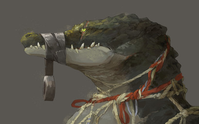 ambiguous_gender anthro bound captured collar duct_tape exposed_teeth eye_scar facial_scar green_body green_eyes green_scales grey_background looking_forward muzzle_(object) nude red_rope restrained restraints rope scales scar simple_background solo tape white_body white_scales babanasaur crocodile crocodilian reptile scalie 16:10 2021 bust_portrait digital_media_(artwork) portrait widescreen
