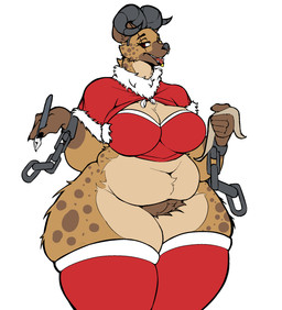 anthro big_breasts breasts chain clothing costume female huge_breasts krampus_costume legwear markings pubes scar solo spots spotted_body thick_thighs thigh_highs tuft comisariomcnuggets hyena mammal hi_res