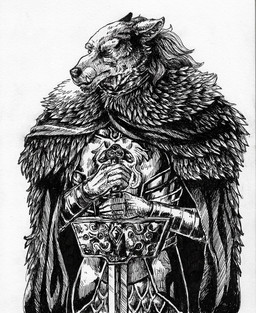 anthro armor cloak clothed clothing fully_clothed fur holding_object holding_weapon male mature_male melee_weapon solo sword three-quarter_view weapon urbanknight elden_ring fromsoftware blaidd_(elden_ring) canid canine canis mammal wolf detailed hi_res monochrome portrait three-quarter_portrait traditional_media_(artwork)