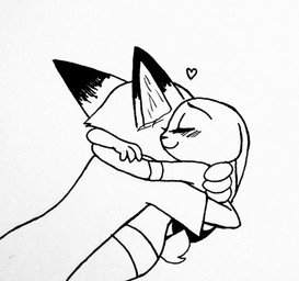 anthro blush clothed clothing cuddling duo ears_down eyes_closed female female_on_bottom heart_symbol hug larger_male looking_away male male_on_top on_bottom on_top pivoted_ears simple_background size_difference smaller_female smile white_background skelly_doll disney zootopia judy_hopps nick_wilde canid canine fox lagomorph leporid mammal rabbit red_fox true_fox 2017 hi_res monochrome