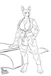 anthro areola areola_slip big_breasts breasts bulge business_suit cleavage clothed clothing desk furniture genitals gynomorph intersex nipples no_bra solo suit supervillain table boo3 jekyll_black canid canine canis jackal mammal hi_res monochrome