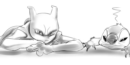 4_fingers claws duo fingers fur grumpy head_tuft looking_at_viewer narrowed_eyes simple_background squint tuft white_background lullaby_of_the_lost disney lilo_and_stitch nintendo pokemon stitch_(lilo_and_stitch) alien experiment_(lilo_and_stitch) generation_1_pokemon legendary_pokemon mewtwo pokemon_(species) 2019 crossover greyscale hi_res monochrome signature sketch