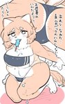 anthro belly blush blush_stickers breast_squeeze breasts butt_cleavage clothed clothing cute_fangs dialogue dressing dressing_up dripping ears_up fangs female fluffy fluffy_tail food kneeling lidded_eyes mostly_nude neck_tuft one-piece_swimsuit overweight overweight_female owo popsicle popsicle_in_mouth popsicle_melting skimpy solo squeezing stained_fur swimwear tail talking_to_self teeth text tight_clothing translucent translucent_clothing translucent_swimwear tuft view_between_legs kawaiishinitai gris_swimsuit meme_clothing nikushiba-chan canid canine canis domestic_dog mammal shiba_inu spitz 5:8 absurd_res hi_res japanese_text meme translated