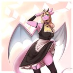 anthro arm_strap blonde_hair blue_eyes bottomwear breasts cleavage clothed clothing clothing_lift collar female hair horn legwear maid_uniform membrane_(anatomy) membranous_wings pink_body ring skirt skirt_lift smile solo tail thigh_highs uniform wings yunnylynx mythology lily_(lily960) dragon mythological_creature mythological_scalie scalie 1:1 absurd_res hi_res