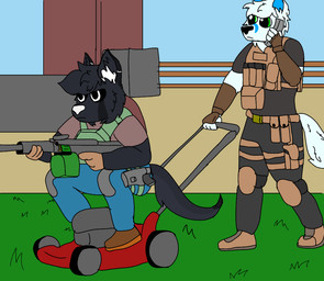 anthro bulletproof_vest duo gun holster holstered_pistol lawn_mower machine_gun male on_phone ranged_weapon tactical_gear weapon brutus_airsoft brutus_marcotte canid canine canis fox hybrid mammal wolf meme