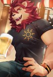 5_fingers alcohol anthro beer beverage black_clothing black_shirt black_topwear bottomwear clothing container cup fingers fur glass glass_container glass_cup inside male muscular muscular_anthro muscular_male open_mouth pants ring shirt solo topwear kouga0225 vtuber shishigami_hoeru_(crimson_leo) felid lion mammal pantherine 2022 absurd_res hi_res