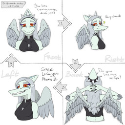 amber_eyes anthro black_clothing black_crop_top black_shirt black_topwear blue_body bone bone_frill breasts choker claws clothing collar crop_top dialogue eyelashes feathered_wings feathers female finger_claws fingers frill_(anatomy) front_view grey_body grey_feathers grey_hair hair hands_behind_head happy humanoid_hands jewelry long_eyelashes long_hair looking_at_viewer markings medium_breasts multiple_poses necklace non-mammal_breasts o-ring pose rear_view shirt side_view simple_background skull smile solo spiked_collar spikes striped_markings stripes talking_to_viewer teeth text topwear white_background wings lorikani boy_kisser_(meme) cavemanon_studios goodbye_volcano_high ko_op_(game_developer) snoot_game fang_(gvh) prehistoric_species pterosaur reptile scalie 1:1 absurd_res english_text hi_res meme multiple_images