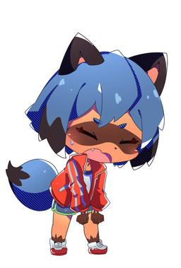 5_fingers anthro black_body black_fur black_hair black_nose blue_body blue_fur blue_hair blush bottomwear brown_body brown_fur chibi clothed clothing dolphin_shorts female fingers fluffy fluffy_tail footwear fur gloves_(marking) hair jacket markings multicolored_body multicolored_fur multicolored_hair open_mouth short_hair shorts solo tail topwear nojika_r brand_new_animal studio_trigger michiru_kagemori canid canine mammal raccoon_dog tanuki 2020 hi_res