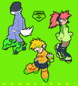ambiguous_gender anthro clothed clothing countershade_face countershading electronics eyewear female footwear group headphones kemono male roller_skates topbear trio teiso_dog jet_set_radio sega
