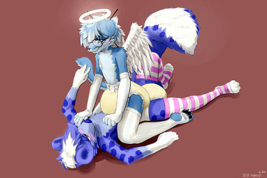 ambiguous_gender back_wings blush bodily_fluids clothed clothing diaper duo eyewear genital_fluids glasses half_naked halo legwear male sitting sitting_on_another thigh_highs unclean_diaper urine used_diaper wearing_diaper wearing_glasses wet_diaper wings sonpop canid canine fox hybrid mammal mephitid skunk 3:2 hi_res