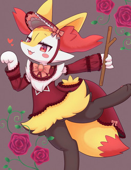3_fingers 3_toes ambiguous_anthro ambiguous_gender anthro arm_tuft armwear biped black_body black_fur blush blush_lines blush_stickers bonnet bottomless bottomless_ambiguous bottomless_anthro bow_ribbon cheek_tuft chest_tuft clothed clothing cute_fangs detached_sleeves digitigrade dipstick_tail dress eyelashes facial_tuft fangs featureless_crotch feet fingers flat_chested flower frilly frilly_clothing frilly_dress front_view fur furgonomic_headwear furgonomics gesture grey_background headgear headwear heart_symbol hindpaw hip_tuft holding_object holding_stick inner_ear_fluff looking_at_viewer markings multicolored_body multicolored_fur official_alternate_costume on_one_leg open_:3 open_mouth open_smile orange_body orange_fur orange_inner_ear_fluff orange_nose orange_tail_tip partially_clothed_ambiguous partially_clothed_anthro paw_pose pawpads paws pink_bow pink_pawpads plant pointy_ears pose prick_ears raised_finger raised_pinky red_bonnet red_clothing red_dress red_eyes rose_(flower) shoulder_tuft simple_background smile solo standing star_polygon stick tail tail_markings tapering_snout teeth toes tuft two_tone_tail white_body white_fur yellow_body yellow_fur yellow_tail moduckten nintendo pokemon pokemon_cafe_remix braixen canid generation_6_pokemon mammal pokemon_(species) 2025 colored digital_drawing_(artwork) digital_media_(artwork) hi_res japanese_description portrait shaded three-quarter_portrait translated_description