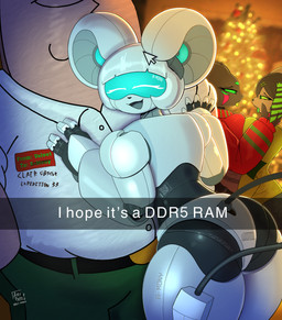 animal_ears anthro biped black_body breast_squish breasts breasts_frottage butt dialogue eyelashes eyes_closed female female/female group holidays machine multicolored_body smile squish tail text thick_thighs white_body arzy_parzy christmas family_guy peter_griffin mammal mouse murid murine robot rodent absurd_res hi_res