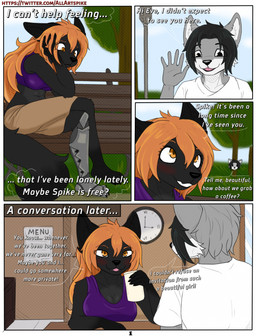 anthro black_body black_eyes black_fur black_hair black_nose clothing dialogue duo female fur grey_body grey_fur hair male male/female orange_eyes orange_hair prosthetic prosthetic_leg prosthetic_limb text spike_the_furry eve_(snippetyfob850) spike_(spikethefurry) canid canine canis hybrid jackal mammal wolf wolfdog comic english_text hi_res url