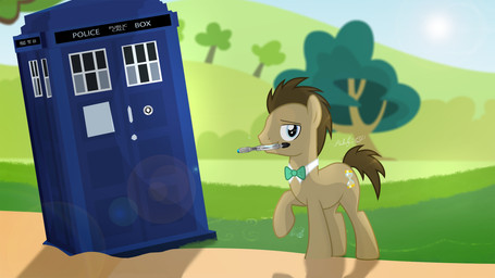 blue_eyes bow_(feature) bow_tie brown_body brown_fur brown_hair cutie_mark feral fur grass hair landscape lens_flare looking_at_viewer male nature outside plant quadruped sky solo sun tardis tree shutterflyeqd british_broadcasting_corporation doctor_who friendship_is_magic hasbro my_little_pony doctor_whooves_(mlp) tardis_(doctor_who) earth_pony equid equine horse mammal pony 2016 absurd_res crossover hi_res