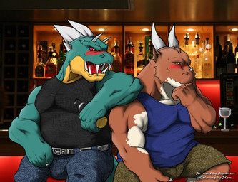 anthro belt biceps blush bottle bottomwear bulge claws clothed clothing container denim denim_bottomwear denim_clothing drunk duo ear_piercing fangs fully_clothed holding_bottle holding_container holding_object horn inside jeans male male/male musclegut muscular open_mouth pants pecs photo_background piercing red_sclera sharp_teeth shirt shorts sitting slightly_chubby spikes substance_intoxication tank_top teeth tight_clothing topwear yellow_eyes ayndrew mythology dragon mythological_creature mythological_scalie scalie photography_(artwork)