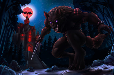 anthro biceps black_body black_fur blade bodily_fluids bracelet castle claws dagger detailed_background dripping drooling feet forest full_moon fur glowing glowing_eyes hair holidays jewelry looking_at_viewer male mane mane_hair melee_weapon membrane_(anatomy) membranous_wings moon muscular muscular_anthro muscular_male night nipples nude open_mouth outside pawpads paws pecs plant purple_eyes red_moon saliva saliva_drip scruffy sky snarling solo spikes star tail teeth toe_claws toes tongue tree weapon wings howlfeiwolf halloween mythology drak_(drakmear) bat canid canine canis mammal monster mythological_canine mythological_creature werecanid werecanine werecreature werewolf wolf absurd_res detailed digital_media_(artwork) hi_res