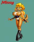 anthro biped blonde_hair boots breasts canid canine canis clothed clothing collar domestic_dog doug_winger female footwear fur hair high_heeled_boots high_heels latex mammal nipples shoes simple_background skimpy solo