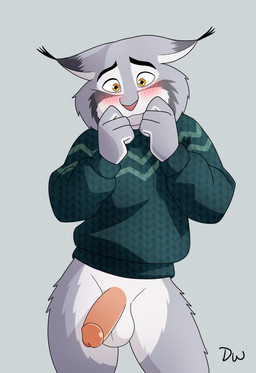 anthro balls biped black_ear_tips black_eyebrows blush blush_lines bottomless bottomless_anthro bottomless_male clothed clothed_anthro clothed_male clothing dipstick_ears ear_markings ear_tuft embarrassed erection eyebrows fingers fur genitals glans glistening glistening_eyes glistening_genitalia glistening_glans glistening_penis green_clothing green_sweater green_topwear grey_background grey_body grey_fur humanoid_genitalia humanoid_penis logo looking_at_viewer male male_anthro mouth_closed multicolored_body multicolored_ears multicolored_fur orange_eyes penis pink_glans pink_nose pink_penis simple_background solo sweater sweater_only topwear topwear_only tuft white_balls white_body white_fur darkwolf79 disney zootopia pawbert_lynxley canada_lynx felid feline lynx mammal 2025 absurd_res artist_logo digital_media_(artwork) hi_res