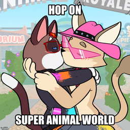 anthro anthro_on_anthro black_clothing black_jacket black_topwear blue_clothing blue_jacket blue_topwear blush bottomwear brown_body brown_fur clothed clothing cowboy_hat dipstick_tail duo eyes_closed eyewear flower_on_head fur grey_bottomwear grey_clothing grey_pants hat headgear headwear hug jacket kissing legs_around_partner male male/male markings orange_clothing orange_jacket orange_topwear pants pink_clothing pink_eyewear pink_hat pink_headwear pink_inner_ear pink_jacket pink_sunglasses pink_topwear red_body red_fur side_view sunglasses tail tail_markings tail_tuft tan_body tan_fur text topless topwear tuft white_body white_fur felino hop_on_(meme) pixile_studios super_animal_royale fenn_(felino) super_snowshoe_peter canid canine domestic_cat felid feline felis fennec_fox fox mammal snowshoe_cat true_fox 2025 english_text hi_res impact_(font) meme