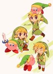 belt blonde_hair boots carrying_another clothing footwear hair hat headgear headwear humanoid_pointy_ears light_body light_skin male melee_weapon not_furry open_mouth open_smile shirt shoes simple_background sitting smile sword topwear tunic weapon tokuura kirby_(series) nintendo the_legend_of_zelda wind_waker kirby sword_kirby toon_link alien humanoid hylian waddling_head crossover hi_res signature