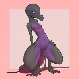 anthro breasts countershading crouching defined_muscles digitigrade female genitals hand_behind_butt hand_on_hip looking_at_viewer markings navel non-mammal_breasts non-mammal_navel non-mammal_vulva simple_background small_breasts small_waist solo spread_legs spreading tail thick_thighs vulva varlastreak nintendo pokemon generation_7_pokemon pokemon_(species) salazzle 1:1