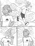 anthro anthrofied bottomwear clothed clothing dialogue footwear fully_clothed group male pokemorph running shirt shoes shorts socks t-shirt text topwear trio fuze nintendo pokemon gao_(fuze) jolt_(fuze) pawl_(fuze) electrike generation_3_pokemon mudkip pokemon_(species) poochyena 2015 3:4 comic english_text greyscale hi_res monochrome