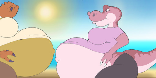 anthro belly big_belly big_breasts bottomwear breasts clothing duo female horn huge_belly light multicolored_body multicolored_scales navel non-mammal_breasts non-mammal_navel orange_body orange_scales outie_navel pants pink_body pink_scales pregnant pregnant_anthro pregnant_female purple_eyes scales shirt sun sunlight teeth thick_thighs topwear two_tone_body two_tone_scales yellow_eyes virus-20 dinosaur prehistoric_species reptile saurischian scalie theropod tyrannosaurid tyrannosauroid tyrannosaurus tyrannosaurus_rex 2024 digital_media_(artwork) hi_res