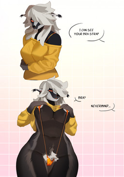 anthro areola breasts camel_toe clothed clothing clothing_lift dialogue duo female fingers fur g-string hair hair_over_eye navel offscreen_character one_eye_obstructed standing text topwear topwear_lift underwear neisa bra_strap_showing_(meme) roshe_(neisa) badger binturong hybrid mammal mustelid musteline viverrid digital_media_(artwork) english_text hi_res meme