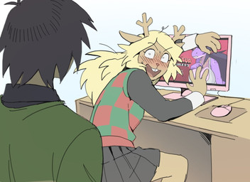 anthro antlers big_breasts black_clothing blonde_hair blush blush_lines bottomwear breasts brown_body brown_fur caught_in_the_act caught_off_guard clothed clothing computer desk duo electronics female fingers fur furniture green_clothing green_shirt green_topwear hair horn huge_breasts jewelry male multicolored_clothing multicolored_shirt multicolored_topwear multicolored_vest necklace non-mammal_breasts open_mouth ponytail purple_body shirt simple_background smile table teeth topwear white_clothing white_shirt white_topwear ttudolee ddinosaur_with_double_d's deltarune undertale_(series) ddinosaur kris_dreemurr noelle_holiday animal_humanoid deer dinosaur dinosaur_humanoid human humanoid mammal prehistoric_species reptile reptile_humanoid scalie scalie_humanoid hi_res