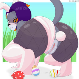 anal anal_penetration anthro armwear blind_eye bodily_fluids bunny_costume butt butt_focus buttplug buttplug_in_ass buttplug_insertion buttplug_tail cat_tail clothing costume easter_egg eye_scar facial_scar fake_ears fake_rabbit_ears fake_tail female fishnet_clothing genital_fluids genitals glistening glistening_body glistening_butt glistening_genitalia grass grey_body hair holidays legwear looking_at_viewer multicolored_body multicolored_hair object_in_ass orange_eyes penetration plant plug_(sex_toy) plug_insertion scar scut_tail sex_toy sex_toy_in_ass sex_toy_insertion short_tail simple_background solo stockings tail text two_tone_body two_tone_hair vaginal_fluids vulva white_armwear white_clothing white_legwear white_stockings s-hard easter becky_(s-hard) domestic_cat felid feline felis mammal 1:1 2026 absurd_res artist_name hi_res