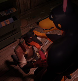 anthro duo fellatio hand_on_head kneeling looking_at_viewer male male/male oral penile sex viewed_from_above anonymutt epic_games fortnite duke_(fortnite) canid canine canis dobermann domestic_dog mammal pinscher hi_res