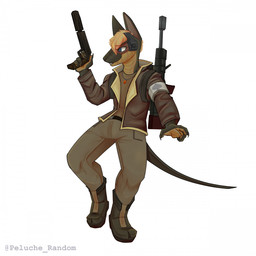 4_fingers anthro armband backpack biped blonde_hair blue_eyes boots clothed clothing fingers footwear gun hair handgun holding_gun holding_handgun holding_object holding_pistol holding_ranged_weapon holding_weapon jacket jewelry male necklace pistol pose ranged_weapon rifle scouter shoes simple_background solo standing topwear weapon white_background peluche_random project_silverfish inheritor lizard reptile scalie 1:1 hi_res