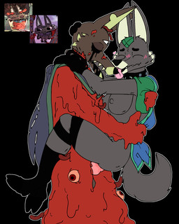 3_eyes 3_fingers ambiguous_fluids animal_genitalia animal_penis anthro balls big_breasts big_ears black_background blush bodily_fluids breasts brown_body brown_fur butt canine_genitalia canine_penis cape clothing collar duo erection eyes_closed feet female female_penetrated fingers fur genital_fluids genitals hand_on_head hand_on_shoulder hands_on_back headgear headwear holding_each_other hooved_fingers hooves hug knot leg_wrap licking licking_nose lifting_partner male male/female male_penetrating male_penetrating_female multi_eye nipples notched_ear nude penetration penile penis rotting sex simple_background spiked_collar spikes standing standing_sex tail teeth tongue tongue_out torn_clothing vaginal blude550 cult_of_the_lamb massive_monster_(studio) charybdis_(cult_of_the_lamb) scylla_(cult_of_the_lamb) canid canine canis demon hybrid mammal wolf 4:5 digital_media_(artwork) hi_res brother_(lore) brother_and_sister_(lore) incest_(lore) sibling_(lore) sister_(lore)