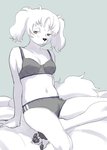 4_toes anthro barefoot blush breasts claws clothing feet female female_anthro fur grey_clothing grey_underwear hair kemono pawpads simple_background solo toe_claws toes underwear white_body white_fur kikurage inukoro_(kikurage) shirakawa_tamami bird_dog canid canine canis cocker_spaniel domestic_dog hunting_dog mammal spaniel