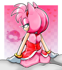 accessory anthro anus big_butt border bracelet breasts butt clothed clothing dress duo eyelashes female female_on_top fur gloves green_eyes hair hair_accessory hairband handwear head_tuft jewelry looking_back male male/female no_underwear on_top pattern_background penetration pink_background pink_body pink_fur pink_hair red_clothing red_dress sex short_hair simple_background smile tan_body tan_fur tuft vaginal vaginal_penetration white_border white_clothing white_gloves white_handwear wide_hips voidsdroids sega sonic_the_hedgehog_(series) amy_rose eulipotyphlan hedgehog mammal hi_res