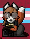 anthro big_glasses biped black_body black_clothing black_fur black_nose black_shirt black_topwear bottomwear brown_hair cheek_tuft clothing computer crossed_arms dipstick_tail electronics eyewear facial_tuft female fur glasses gloves_(marking) grey_bottomwear grey_clothing grey_eyes grey_pants hair kneeling lgbt_pride markings pants pointy_ears prick_ears pride_color_background pride_colors red_background red_body red_fur round_glasses shirt simple_background solo t-shirt tail tail_markings text text_on_clothing text_on_shirt text_on_topwear topwear transgender_pride_colors tuft white_body white_fur cherrypixelbun linux xenia_(linux) canid canine fox mammal red_fox true_fox 2023 artist_name digital_media_(artwork) pixel_(artwork) trans_(lore) trans_woman_(lore)