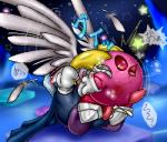 blood bodily_fluids duo feathers male male/male open_mouth tears text wings box_xod kirby_(series) nintendo galacta_knight meta_knight 2013 japanese_text low_res