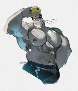 anthro beard clothed clothing facial_hair grey_body grey_skin looking_at_viewer male muscular muscular_anthro muscular_male nipples one_eye_closed solo topless topless_anthro topless_male wink winking_at_viewer skailodon my_hero_academia selkie_(my_hero_academia) aquatic mammal pinniped seal spotted_seal hi_res signature