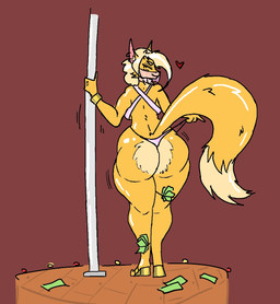 anthro blonde_hair clothing clothing_pull dancing female footwear fur gold_(metal) gold_jewelry hair high_heels jewelry money orange_body orange_fur piercing pink_clothing podium pole pole_dancing ring_(jewelry) ring_piercing shoes solo thong thong_pull translucent translucent_clothing underwear underwear_pull veil wizrat canid canine fox mammal