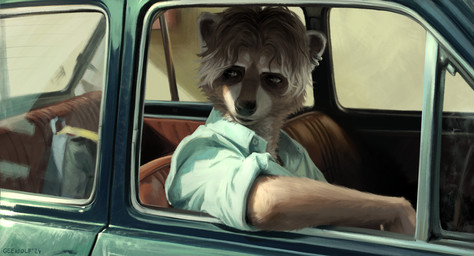 anthro bag car car_interior clothed clothing fluffy hair male solo vehicle window geewolf call_me_by_your_name_(2017) mammal procyonid raccoon 2024 digital_media_(artwork) hi_res signature