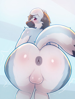 anthro anus backsack balls balls_blush bent_over biped black_hair blue_body blue_fur blush blush_lines bodily_fluids body_blush butt butt_blush femboy fur genitals glistening glistening_body grey_anus hair male presenting presenting_hindquarters purple_eyes smile solo sweat sweaty_balls sweaty_butt sweaty_genitalia white_body white_fur saneaz canid canine mammal hi_res