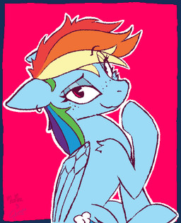bright_background ear_piercing eyebrows female freckled_face freckles looking_at_viewer piercing raised_eyebrow simple_background sitting smile smirk solo wings chrysopoeia_(artist) mulbmerl friendship_is_magic hasbro my_little_pony mythology rainbow_dash_(mlp) equid equine mammal mythological_creature mythological_equine pegasus hi_res