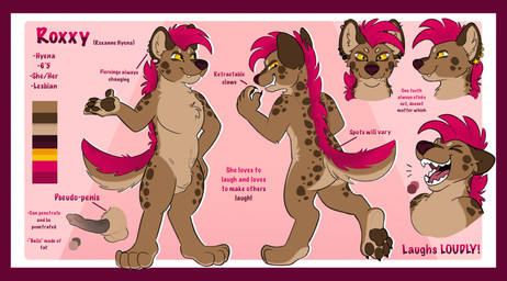 animal_genitalia anthro claws feet female fully_sheathed genitals hair hyaenid_genitalia hyaenid_pussy laugh looking_at_viewer markings mohawk open_mouth pawpads paws pink_background pink_hair pseudo-penis sharp_teeth sheath simple_background solo spots spotted_body standing teats teeth text toe_claws vein veiny_pseudo-penis yellow_eyes frassed hyena mammal english_text hi_res model_sheet